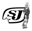 Child standing on a toy scooter beside a large SJ logo
