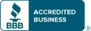 BBB Accredited Business logo with white torch icon on teal background