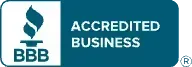 BBB Accredited Business logo with white torch icon on teal background