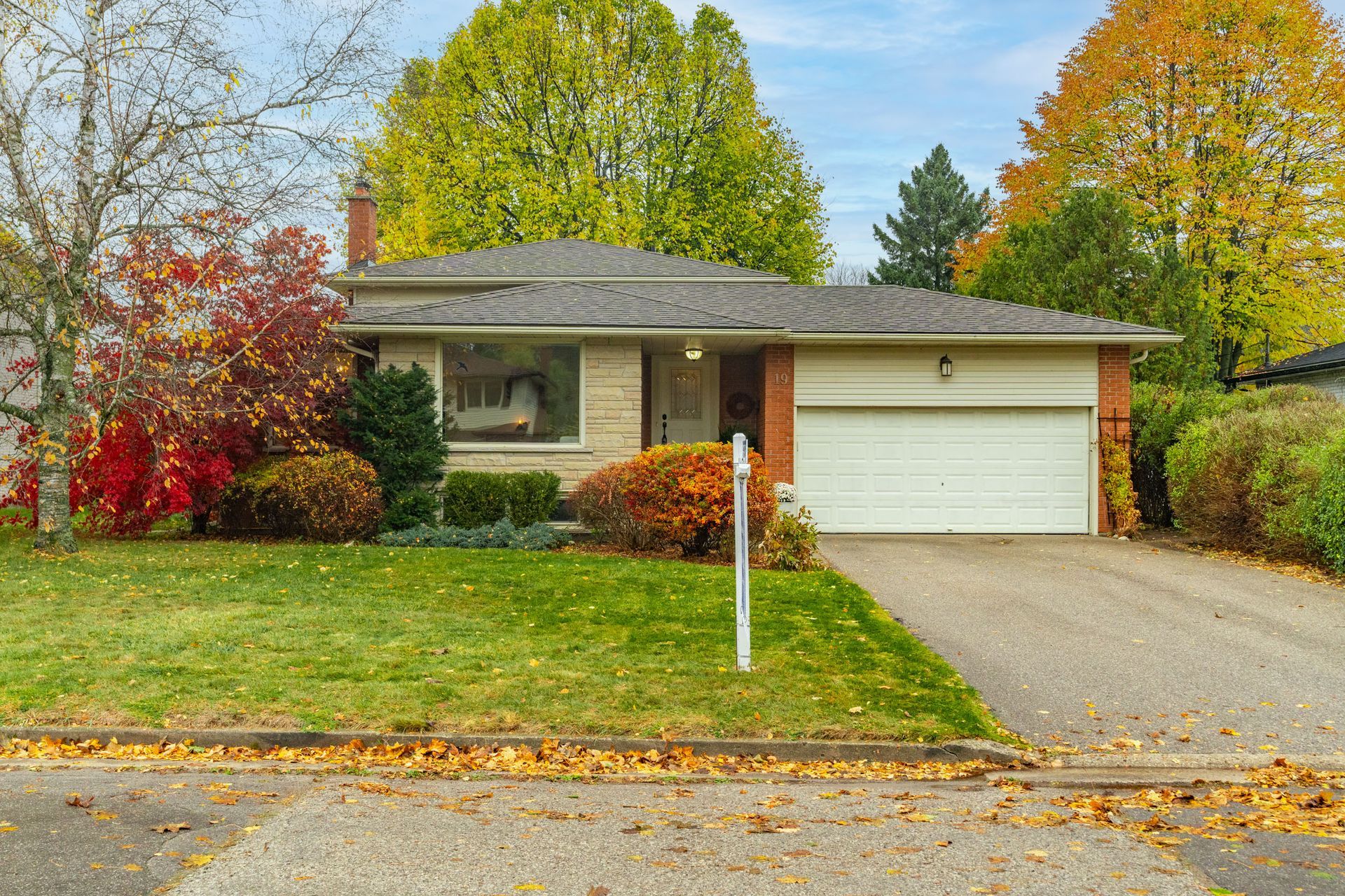 Single-story house with a garage, autumn trees, and a driveway in front