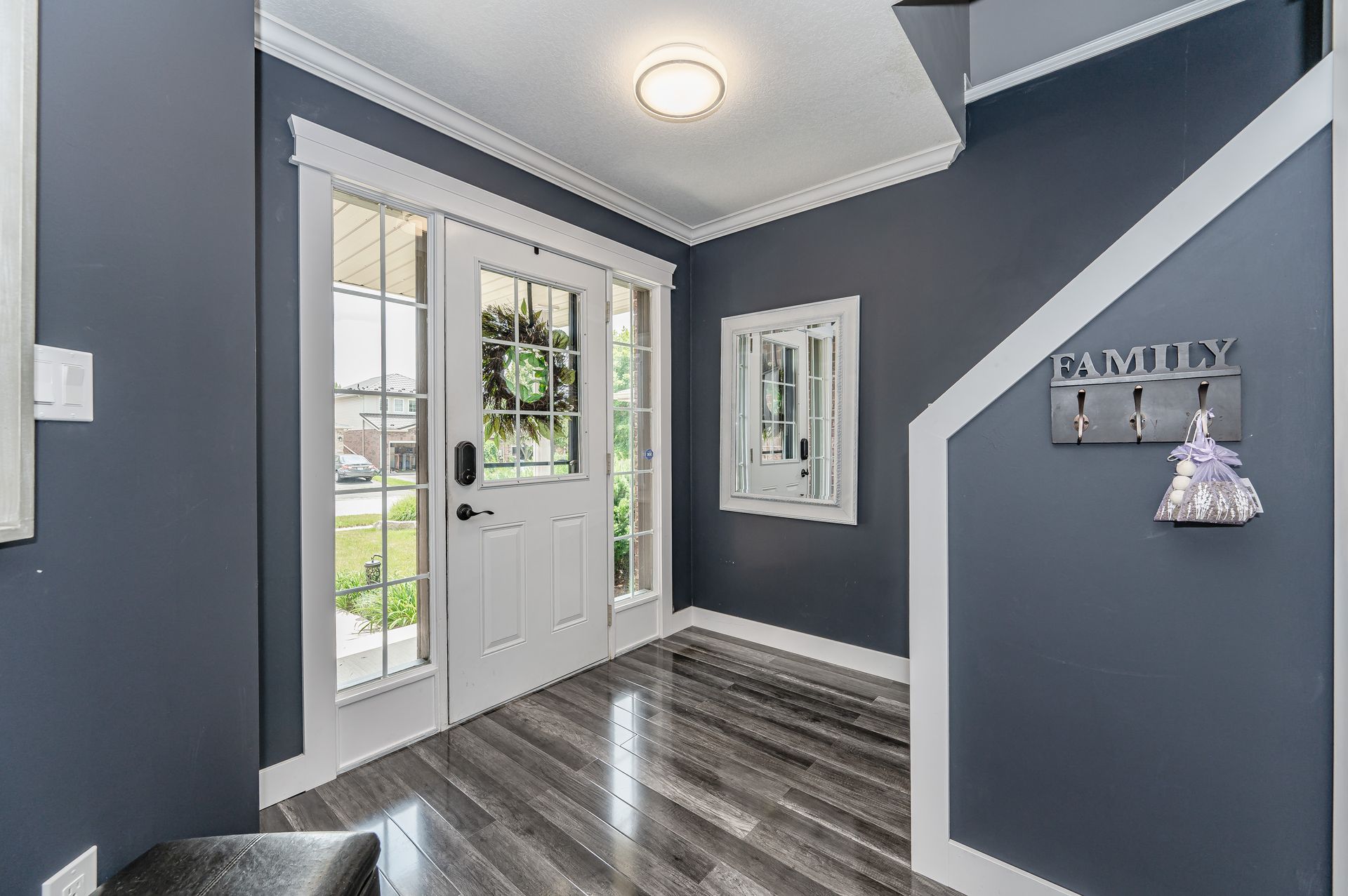 Bright entryway with dark gray walls, white trim, glass front door, mirror, and wood-look floor