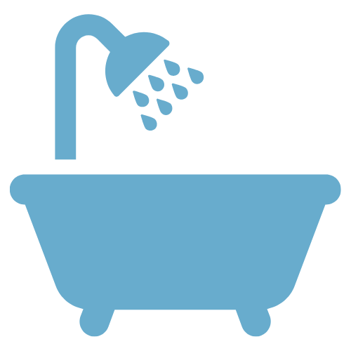 Blue icon of a showerhead spraying water into a bathtub