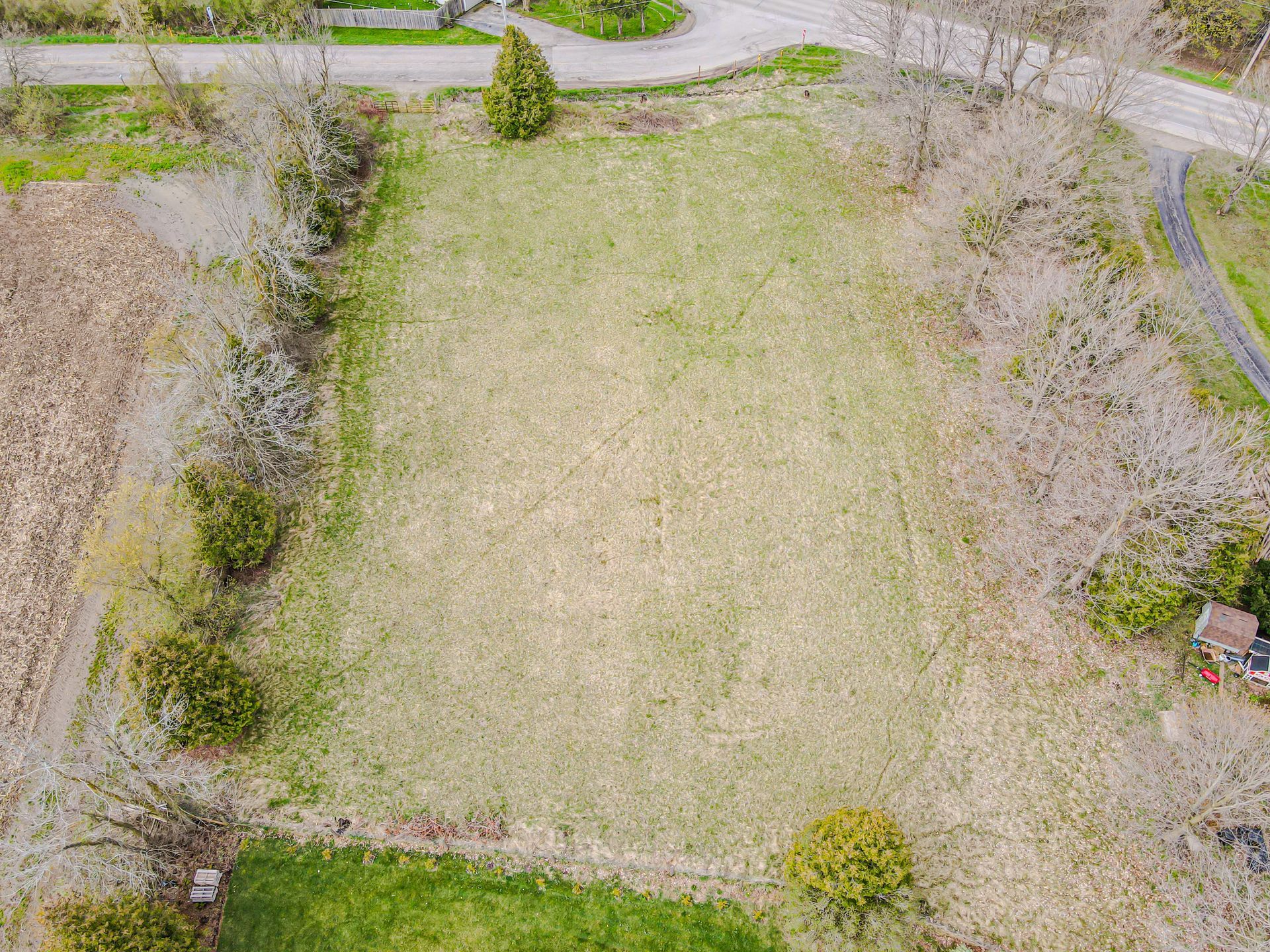 Aerial view of an empty grassy field bordered by trees and a curving road.