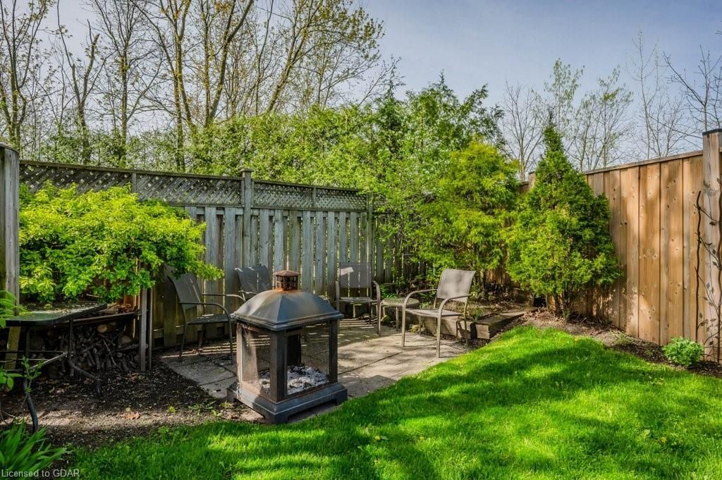 Backyard with green lawn, wooden fence, patio chairs, and a small fire pit under a clear sky