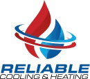 Reliable Cooling & Heating logo with red and blue flame and circular swoosh