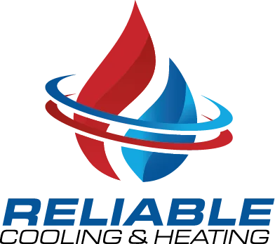 Reliable Cooling & Heating logo with red and blue flame and circular swoosh
