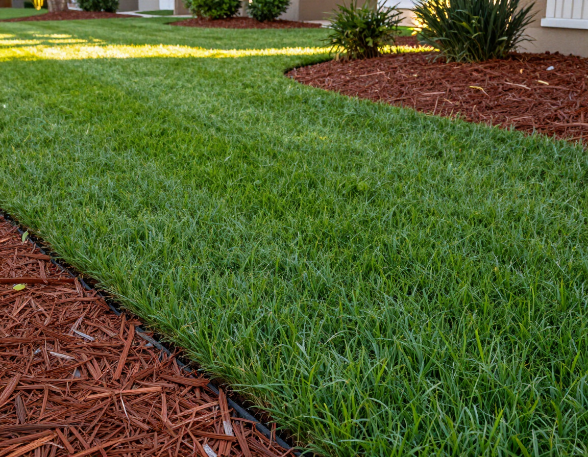 Freshly mowed and edged lawn with mulch bed in a Mary Esther residential yard