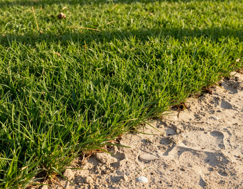 Healthy St. Augustine turf with sandy soil edge in Florida coastal light