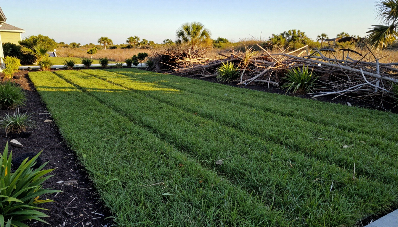 Freshly cleared Florida coastal yard with clean beds and raked turf ready for haul-away