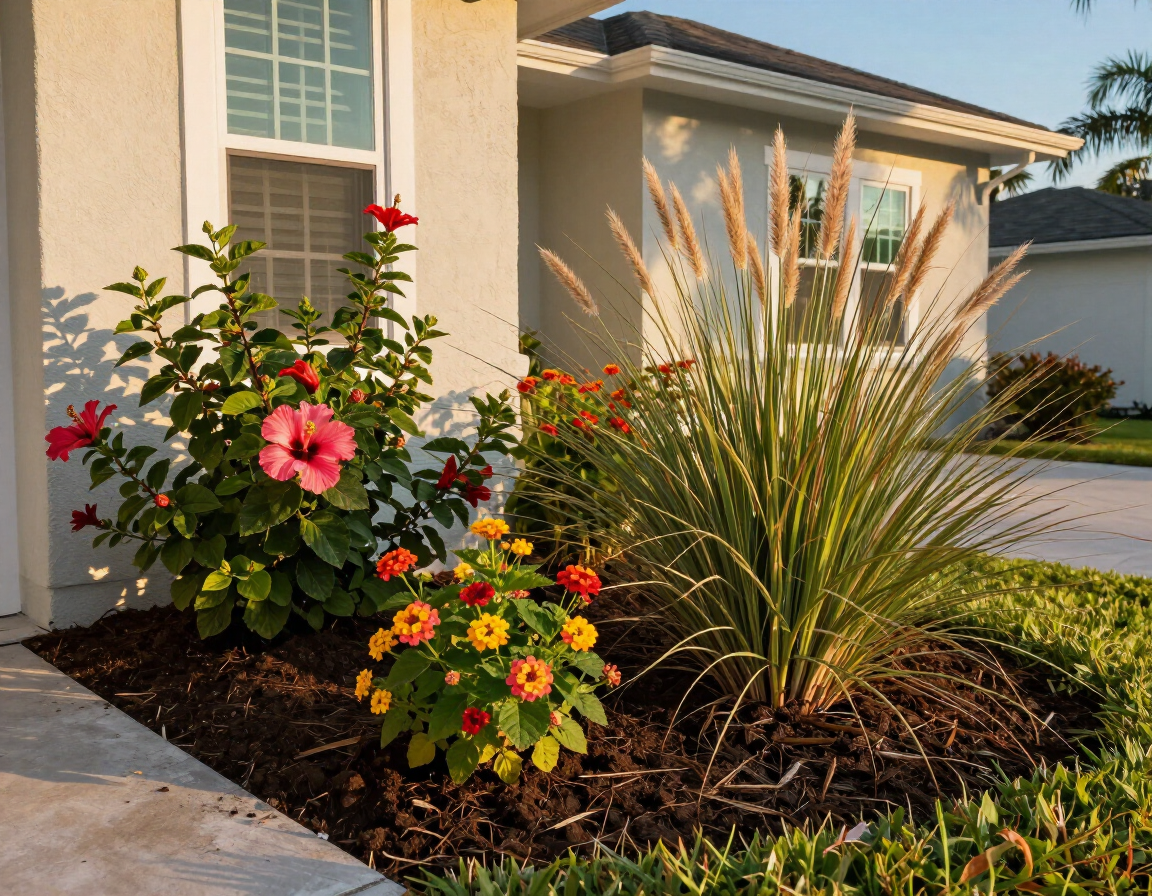 Coastal Florida landscape bed with flowering plants and ornamental grasses