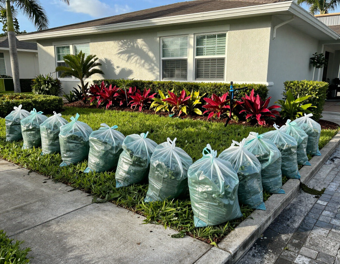 Yard cleanup in progress with bagged debris and trimmed overgrowth