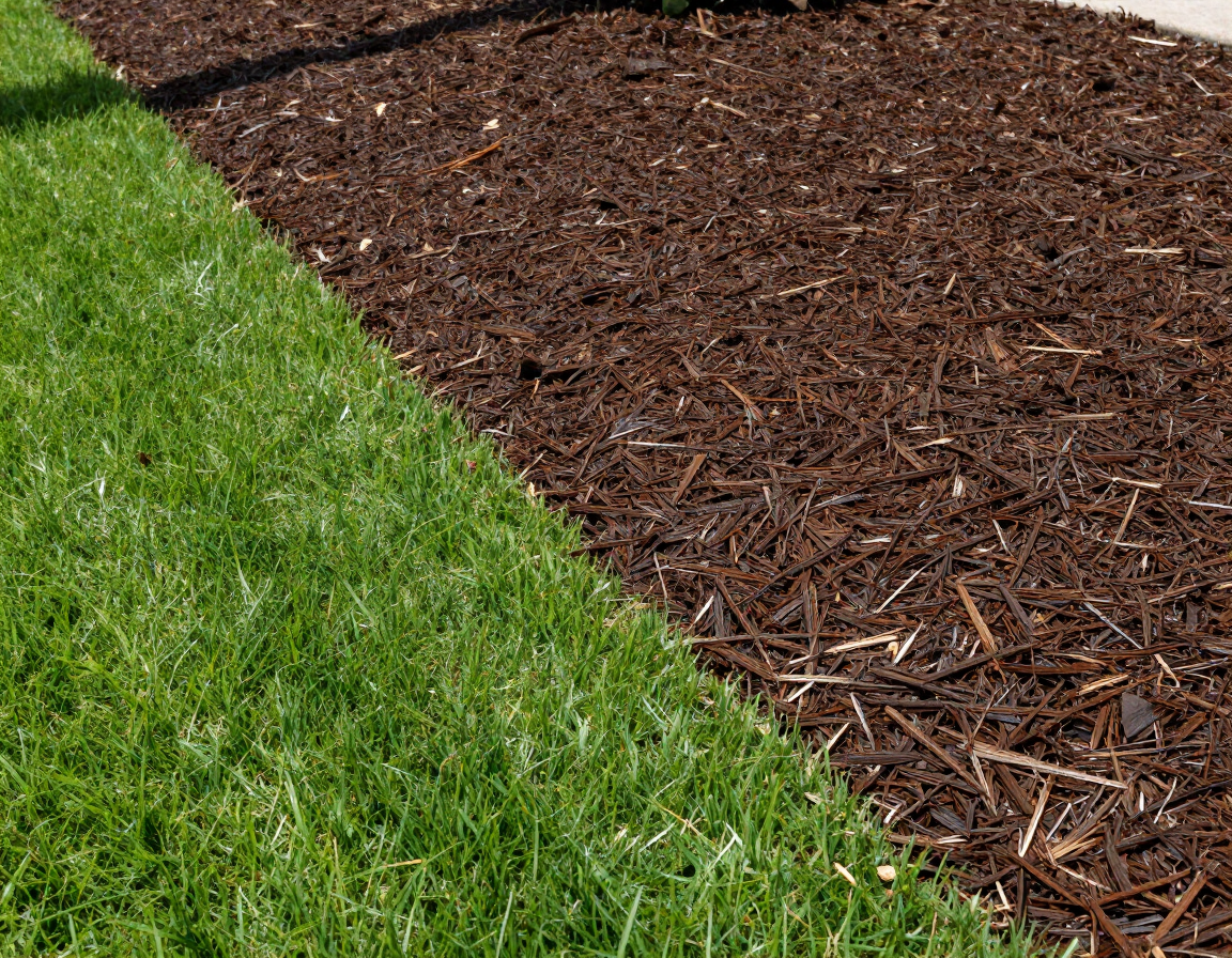 Refreshed mulch bed beside a freshly edged St. Augustine lawn