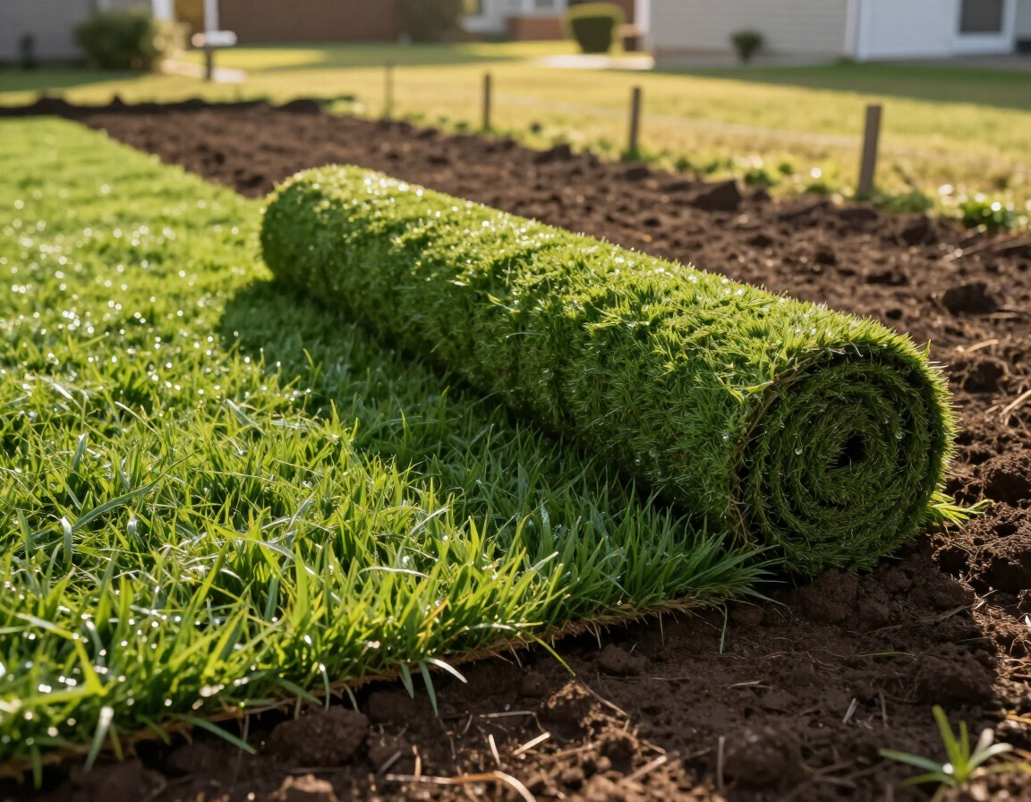 Fresh sod rolls being laid on a prepared residential yard