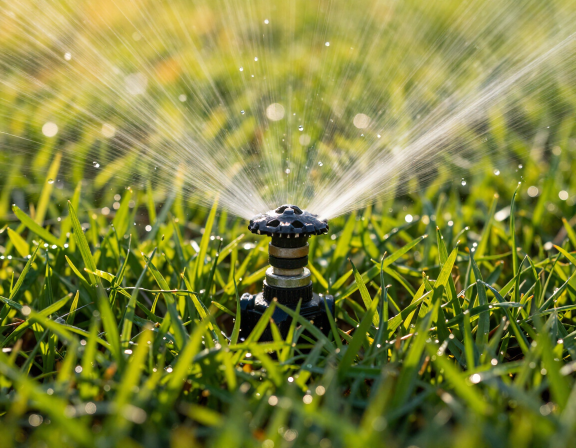 Pop-up sprinkler head irrigating a St. Augustine lawn
