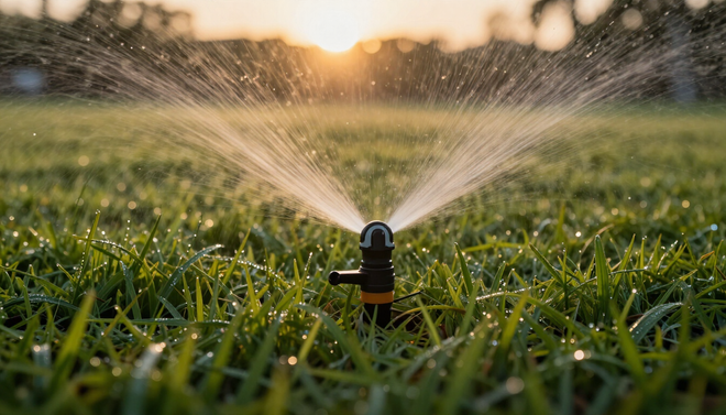 Irrigation sprinkler at dawn on green lawn