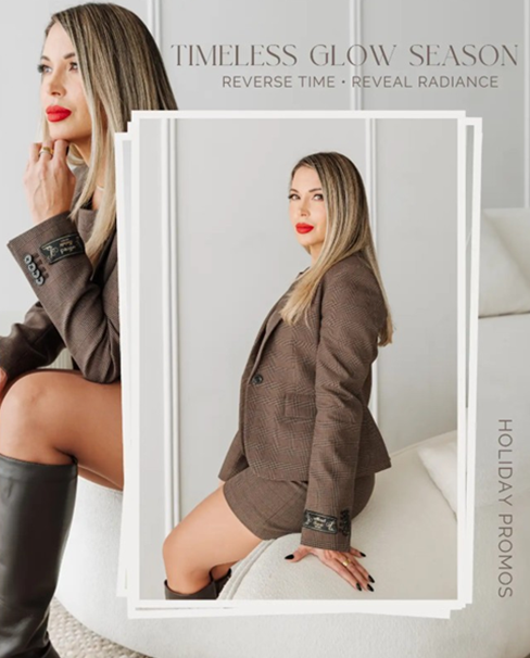 Woman in brown suit, red lipstick, posing on a white couch. Text: Timeless Glow Season, Holiday Promos.