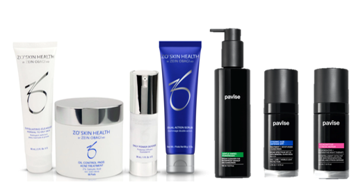 Skincare products from ZO Skin Health and SkinBetter Science, various sizes, white, silver, and blue packaging.