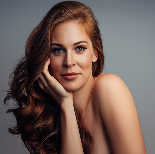 Woman with wavy auburn hair, resting her hand on her cheek, smiling. Bare shoulders, gray background.