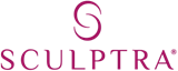 Sculptra logo: burgundy text with an abstract double-loop symbol above the word.