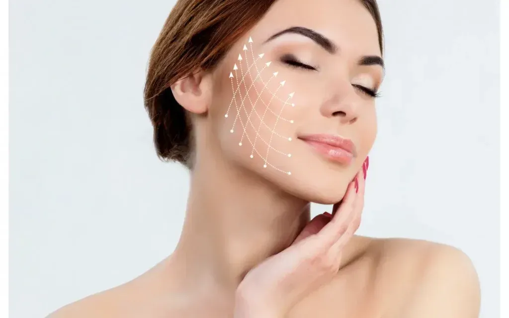 A Close up Of a Woman 's Face with Lines Drawn on It.