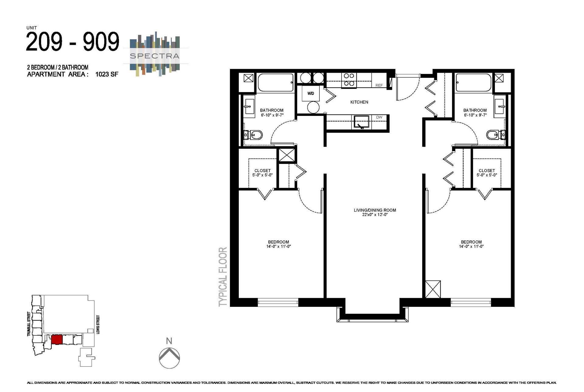 Floor plan of apartment 209-909, featuring two bedrooms, two bathrooms, a kitchen, and living space. Black lines on white.