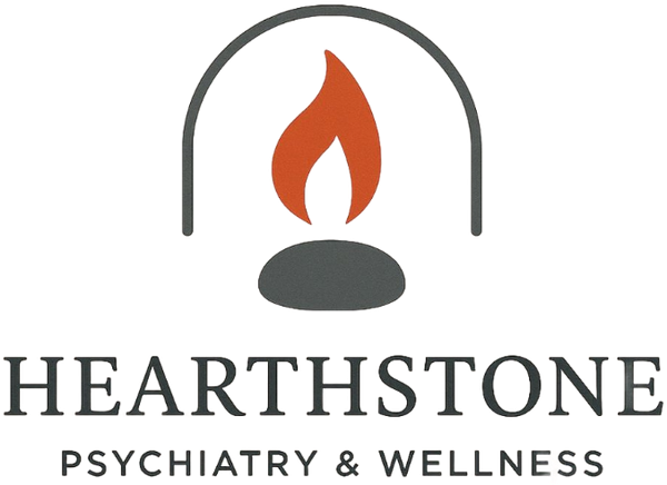 Logo for Hearthstone Psychiatry & Wellness: stylized flame in a dark gray hearth outline.