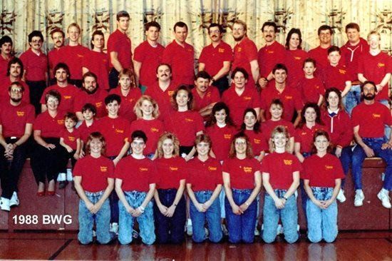 A group of people posing for a photo with the year 1988 on the bottom