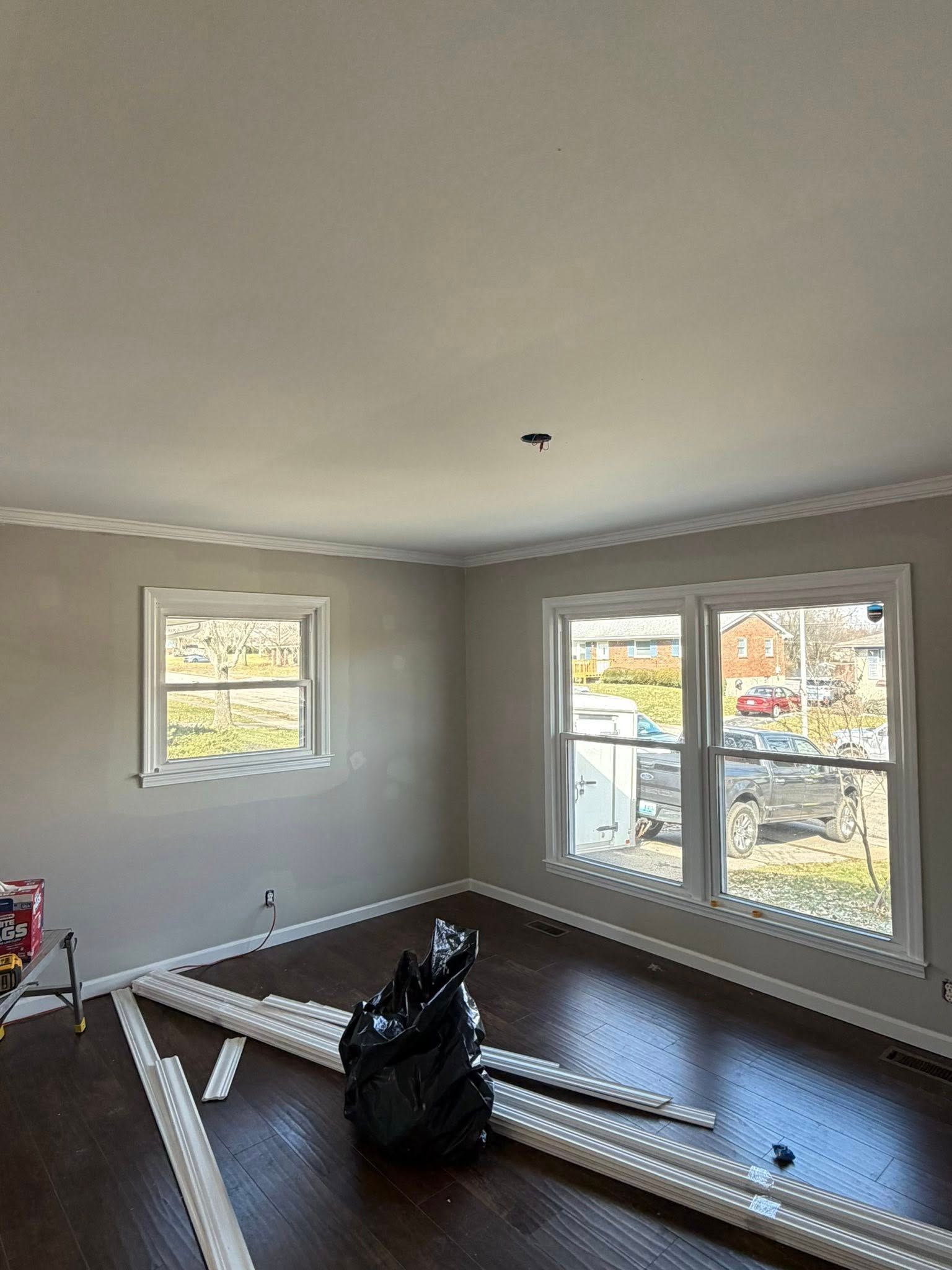 Room with dark wood floor, windows, and crown molding.