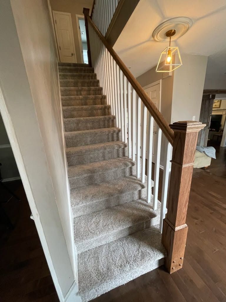 Carpeted staircase with wooden banister and white spindles in a home hallway