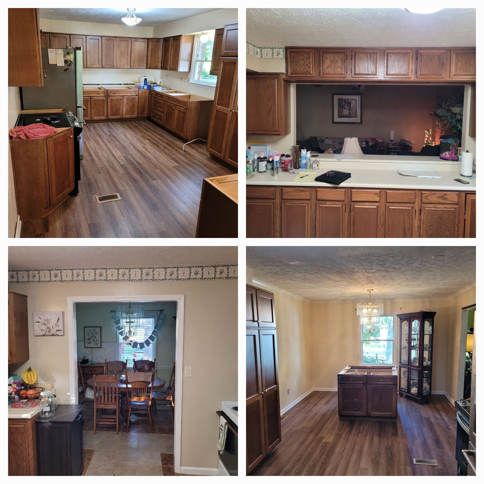 Collage of four empty home interiors with wood floors, wooden cabinets, and beige walls