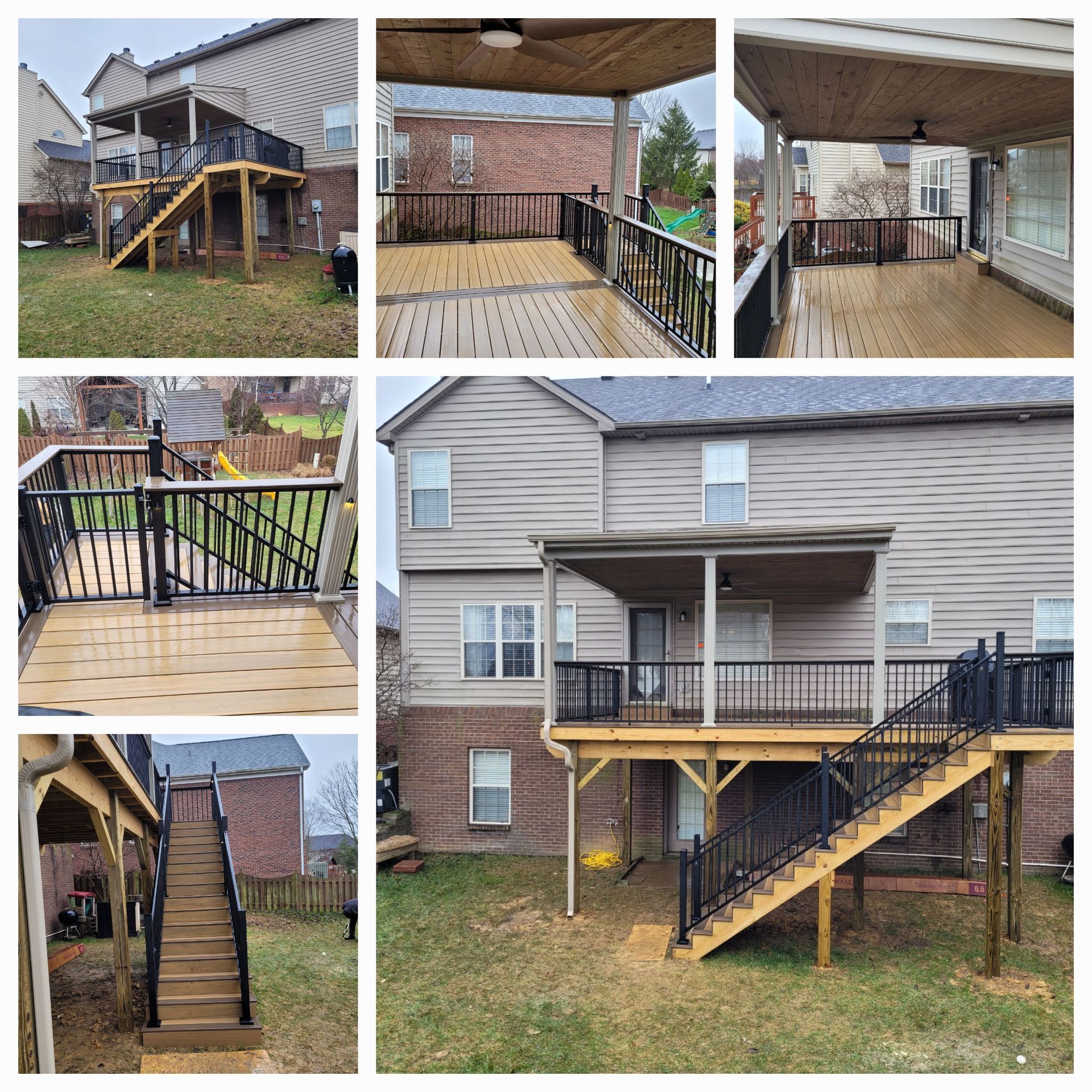 Collage of a beige house’s raised wooden deck, stairs, and railings in a backyard.