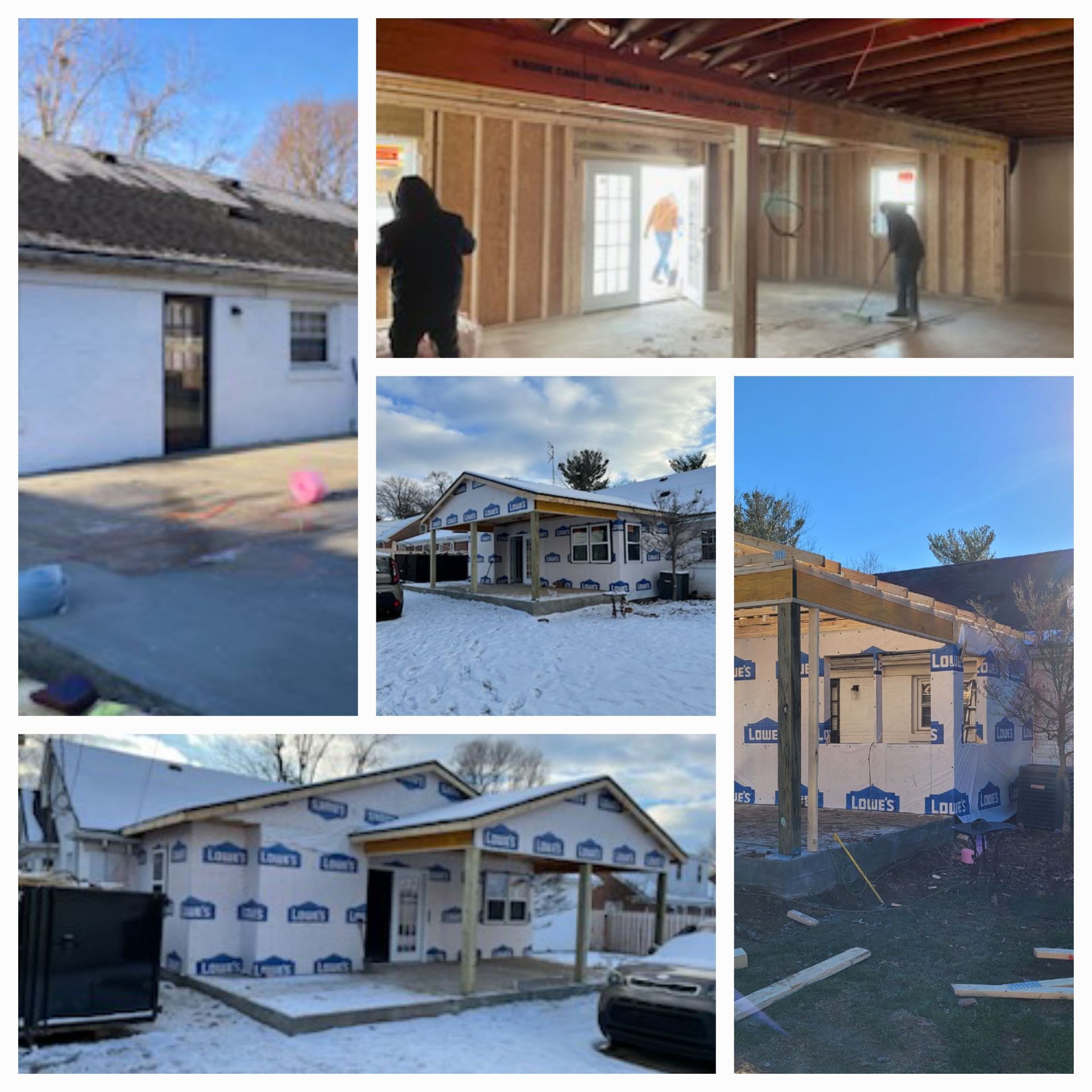 Collage of a house under renovation, showing framing, snowy exterior, and construction work inside and outside