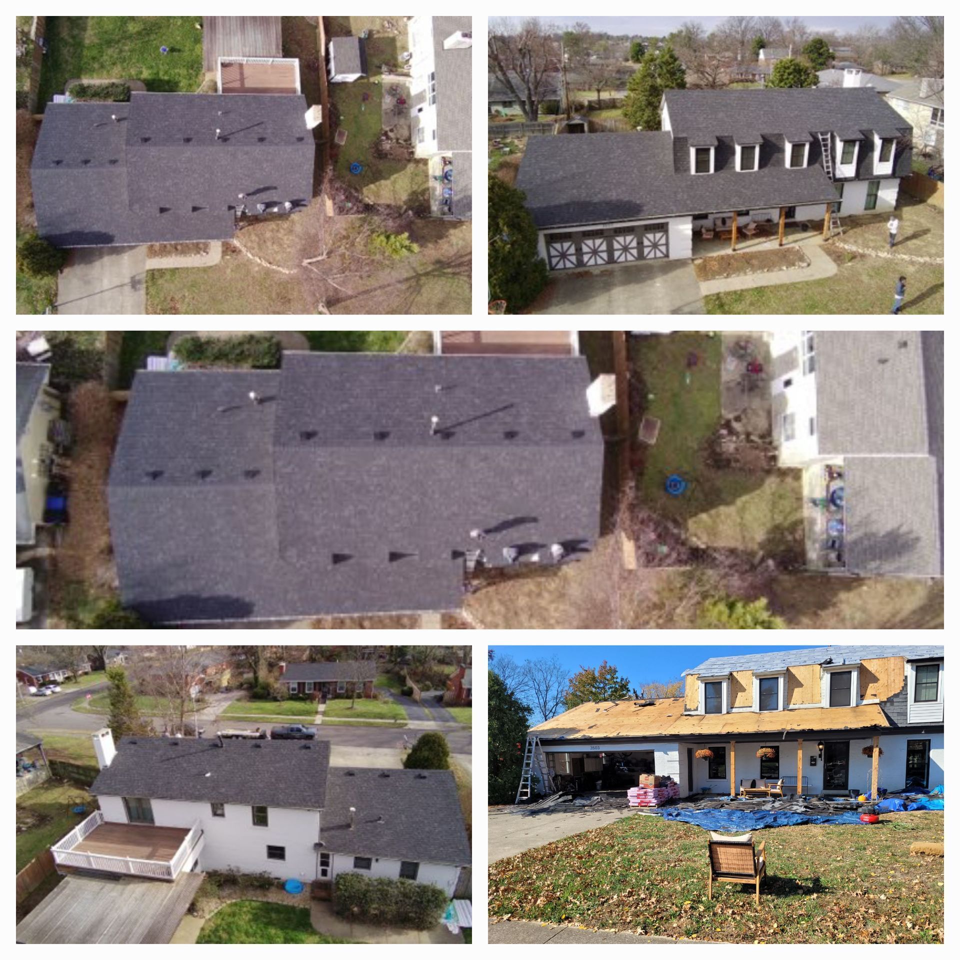 Collage of a dark-roofed two-story house from aerial views and a front view with a front porch and yard.