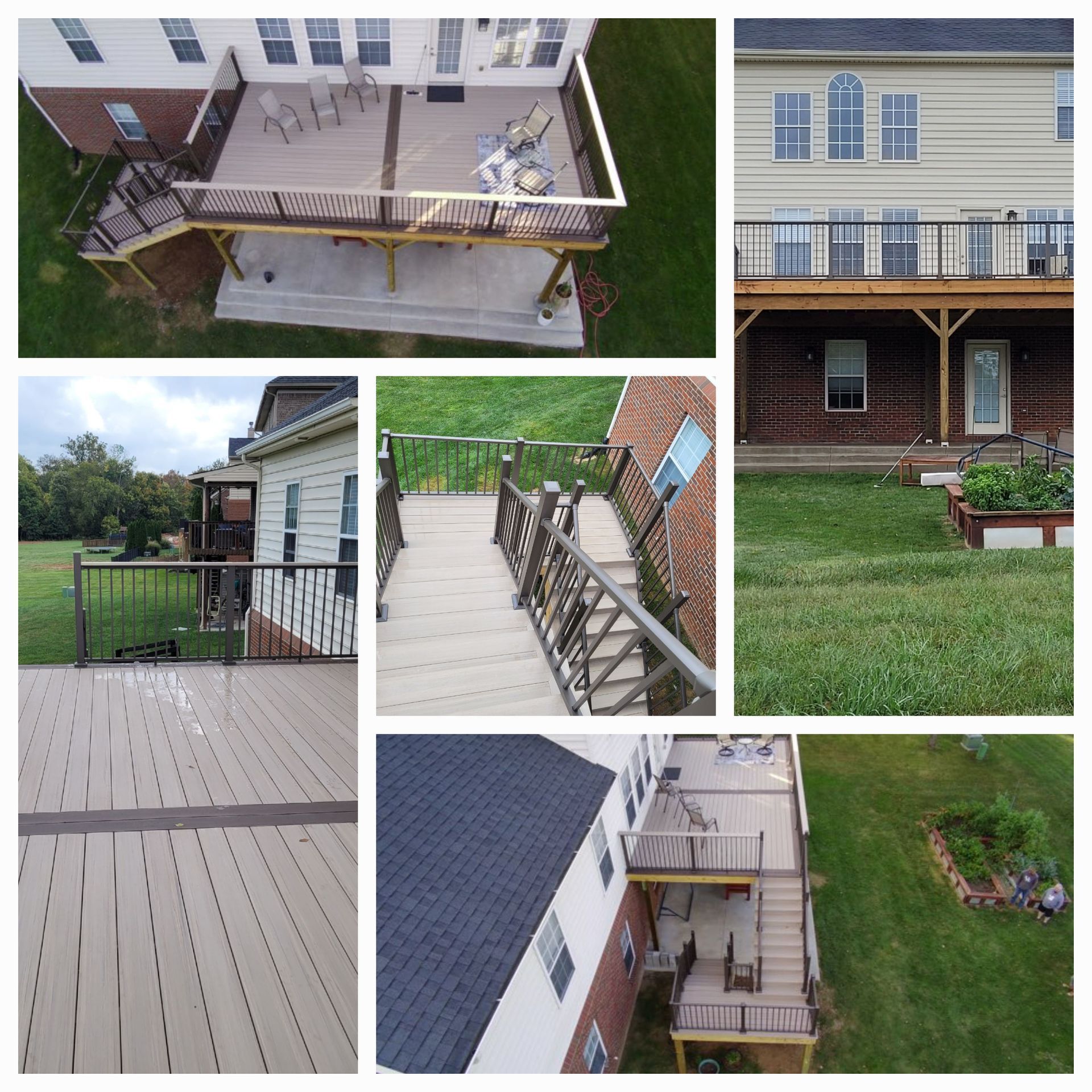 Collage of a beige house’s deck and porch with railing ramps, stairs, and accessible entry views