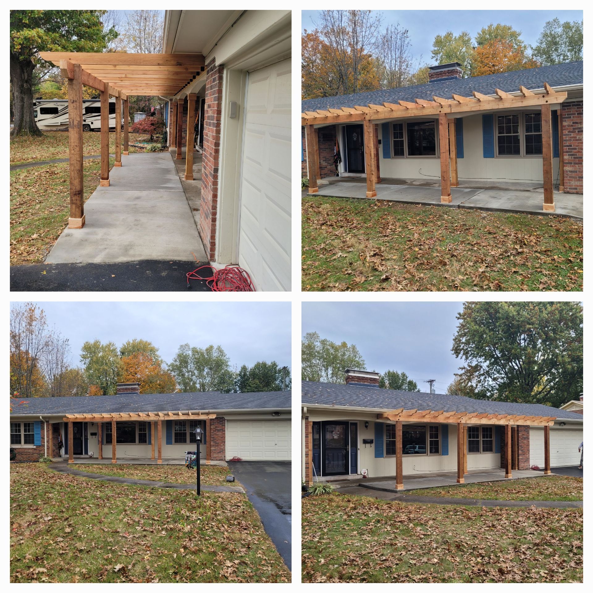 Four views of a house with a newly built wooden porch and pergola