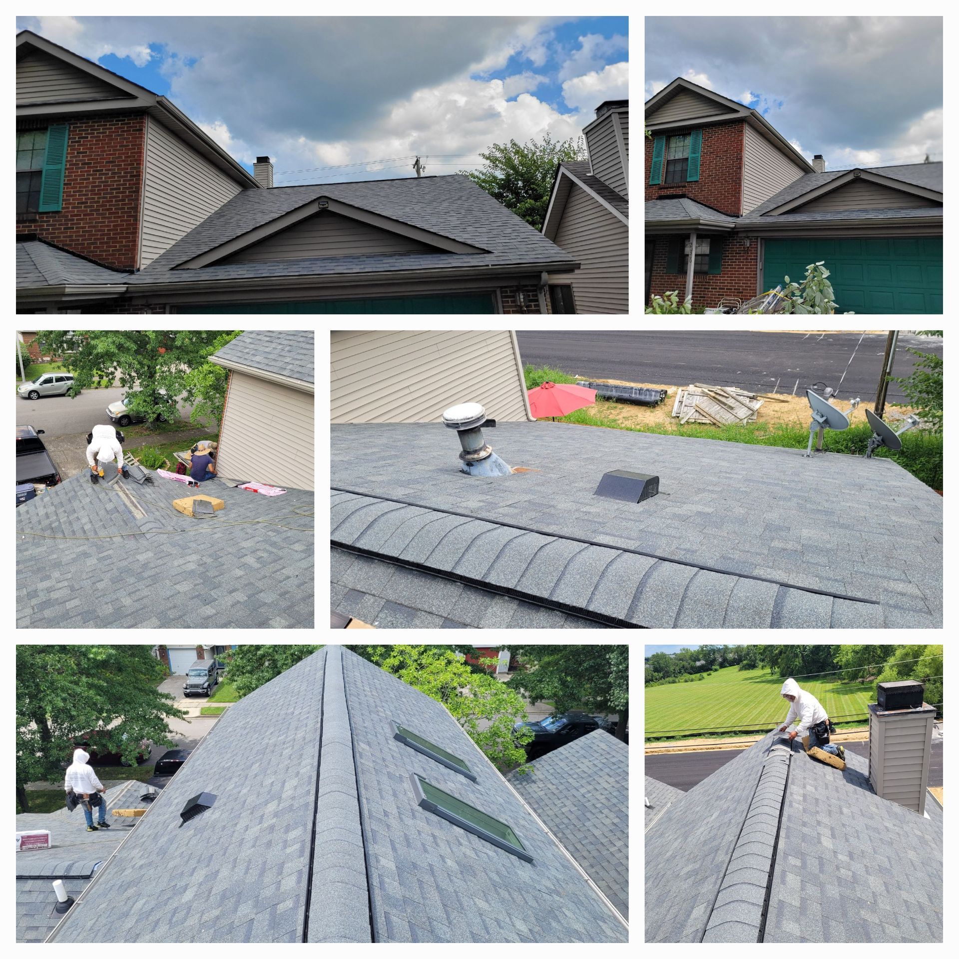 Roofing crew installing new gray shingles on a house roof under a cloudy sky.