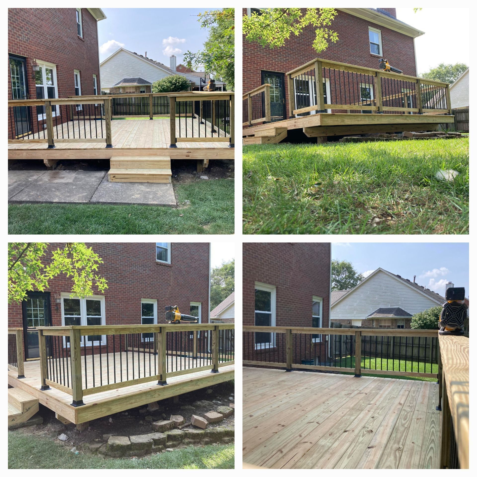 Composite of a brick house deck with wooden railing, steps, and grassy yard from multiple angles