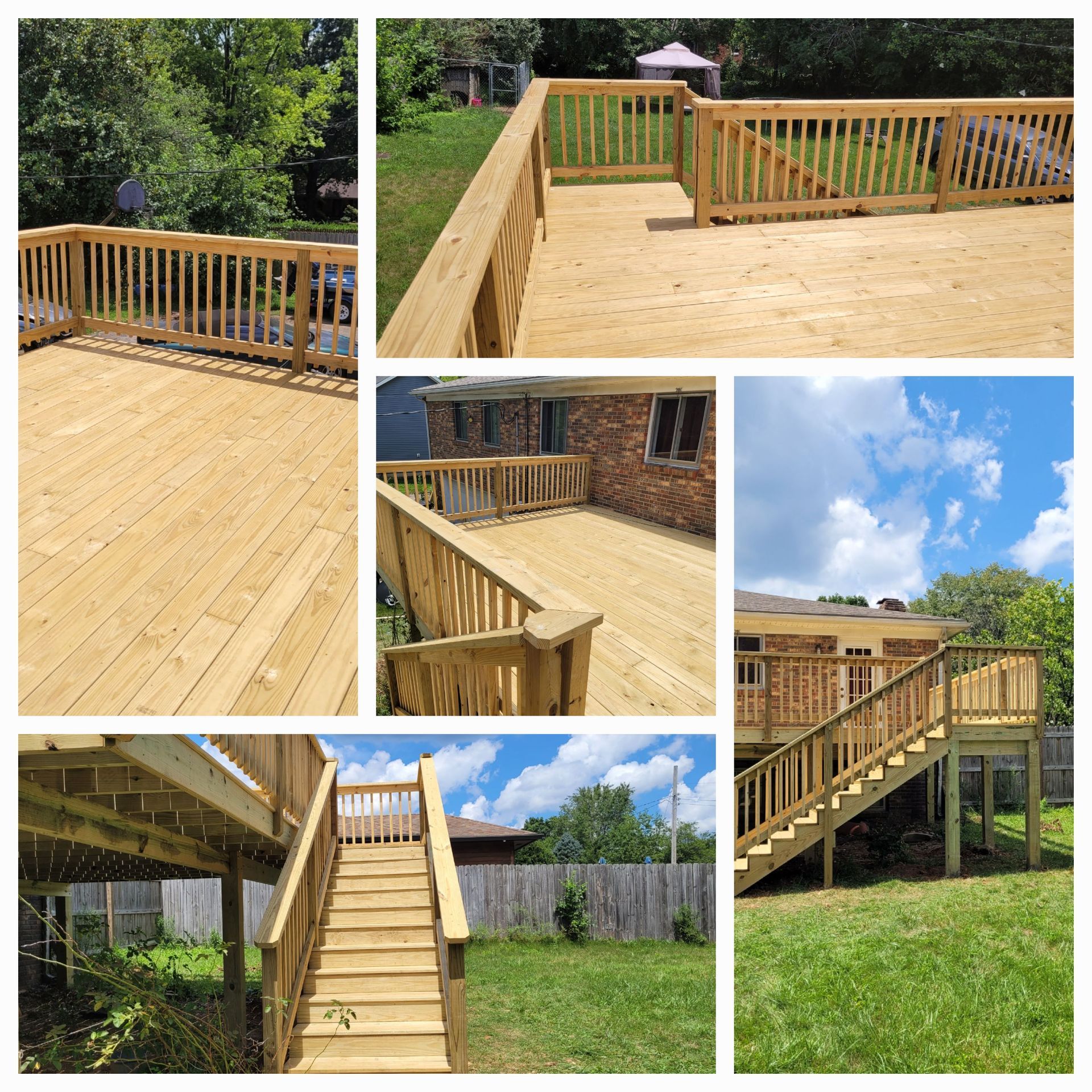 Composite of a new wooden deck and stairs with tan railings in a backyard