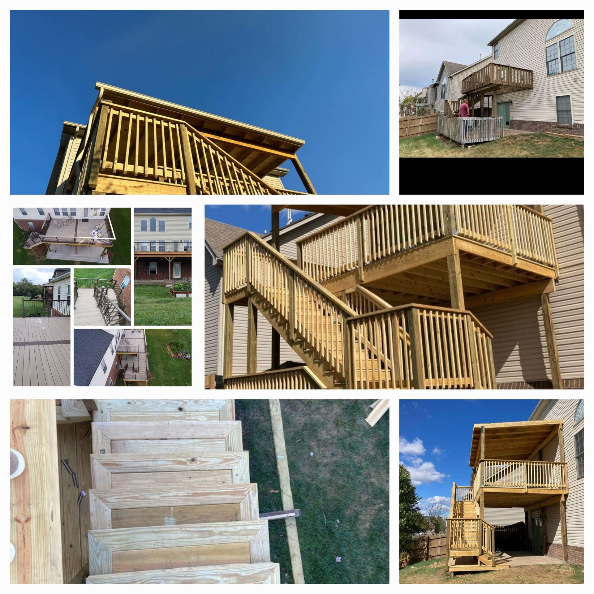 Collage of a wooden house frame under construction, with stairs, decks, and exterior views under a blue sky
