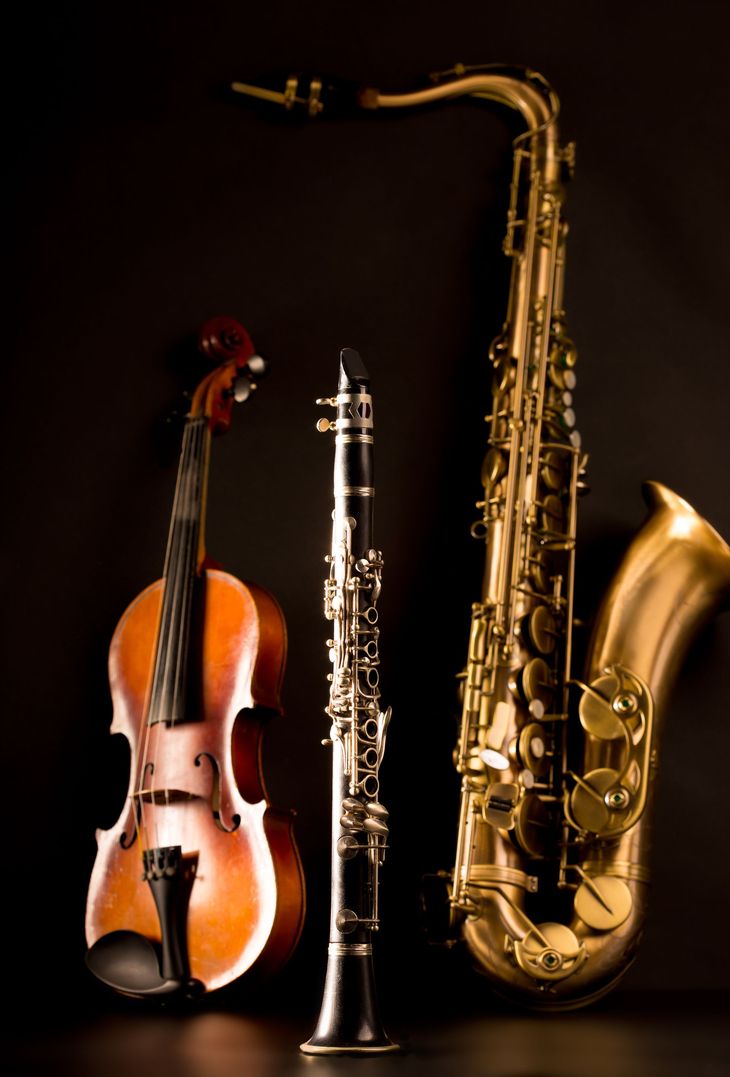 Violin, clarinet, and saxophone against a black background. Golden hues and shadows highlight the instruments.