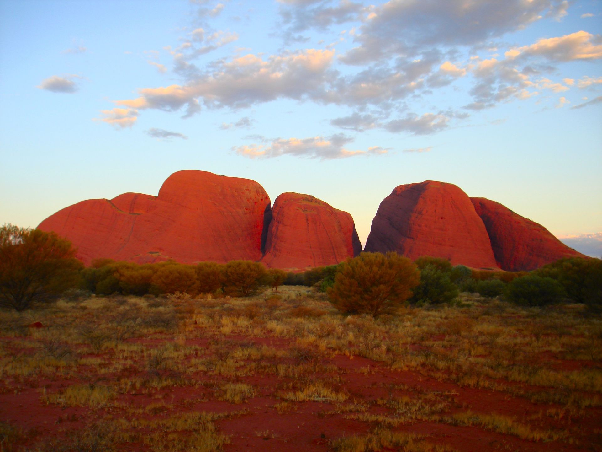 Red rock formation in the Australian outback at sunset, with sparse vegetation and a cloudy sky.