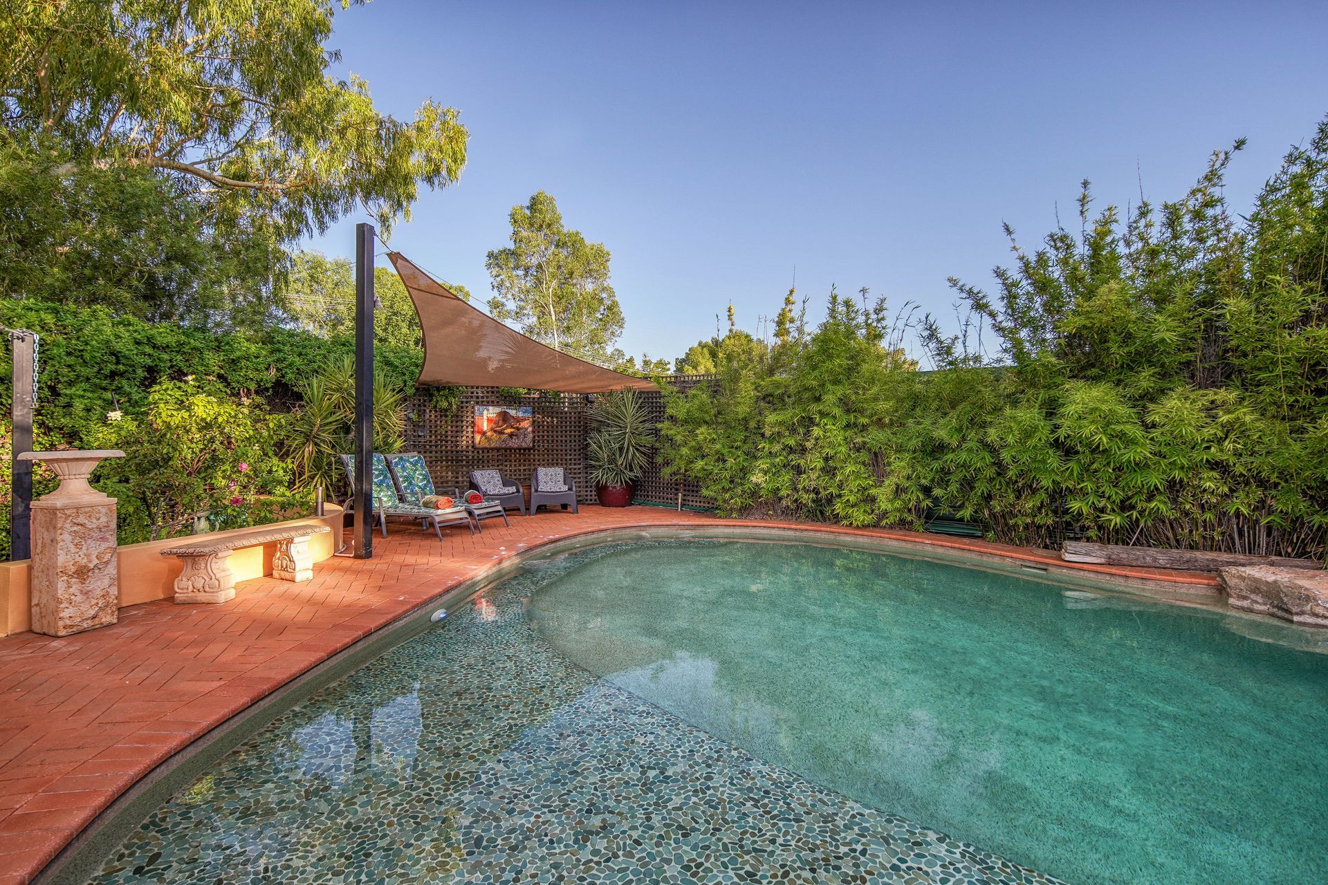 Swimming pool surrounded by trees, with chairs under shade sail.