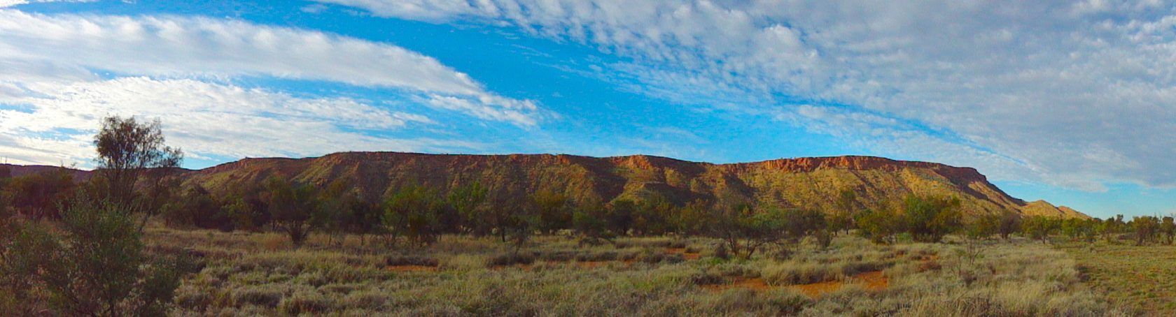 Panoramic view of a desert landscape with a blue sky and streaky clouds, with a low ridged mesa.