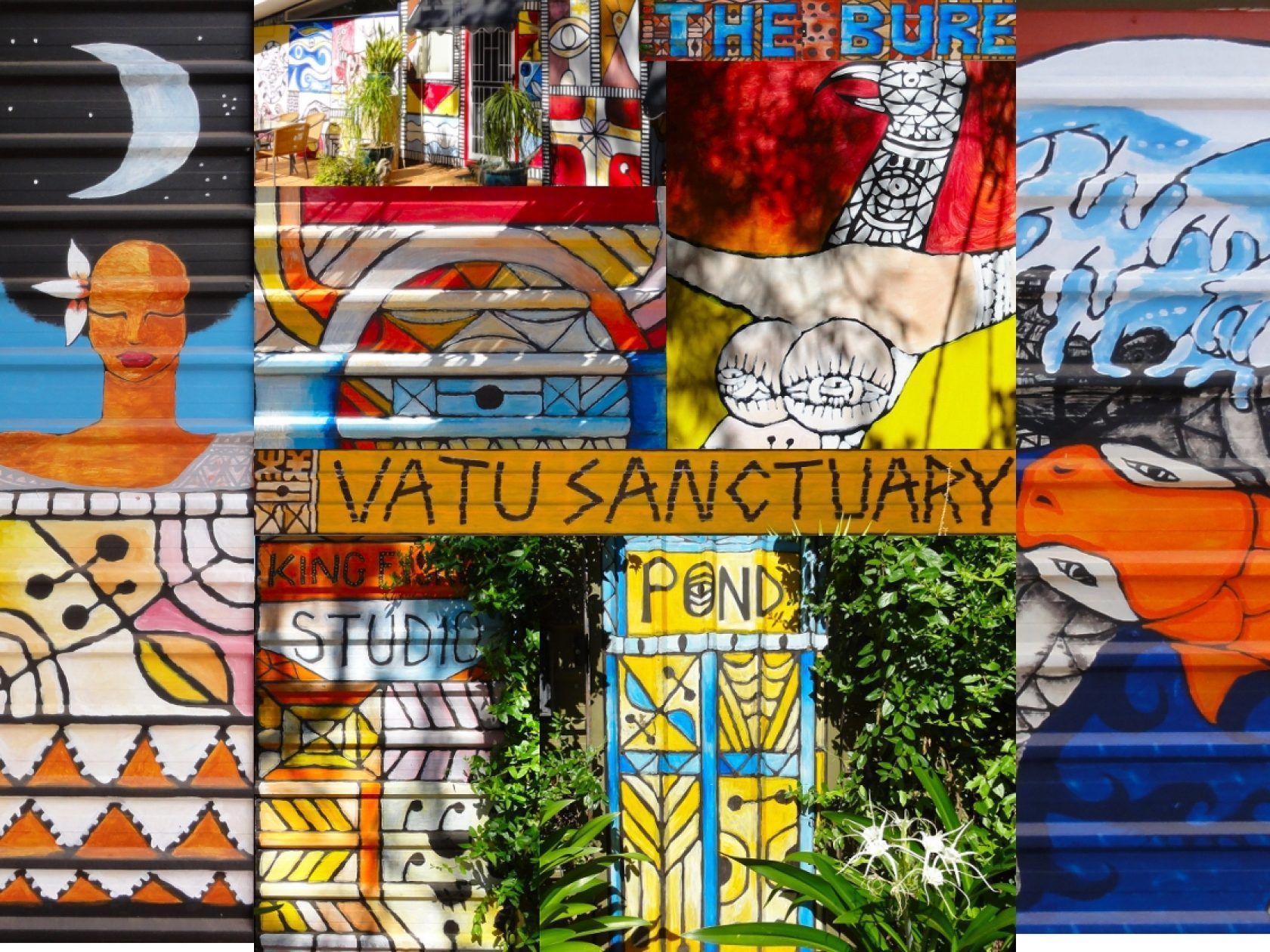 Colorful murals on metal shutters at the Vatu Sanctuary, featuring various abstract designs and text.