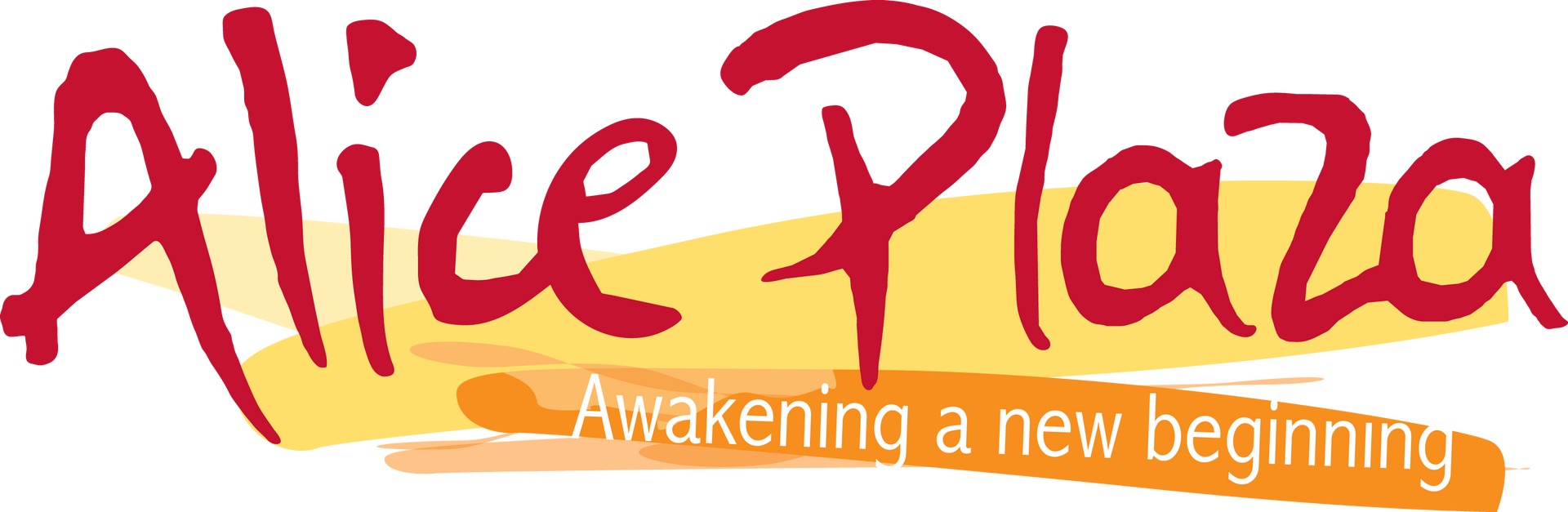 Alice Plaza logo with red script text and orange/yellow background, with the tagline 
