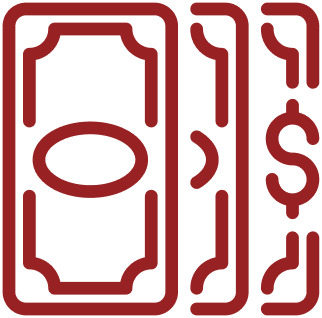 Red line icon of stacked dollar bills and coins | Accurate Automotive Northglenn