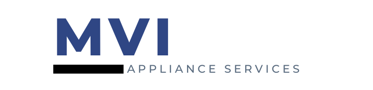 Logo for MVI Appliance Services: blue letters "MVI" over a black horizontal line with "APPLIANCE SERVICES" below in gray.