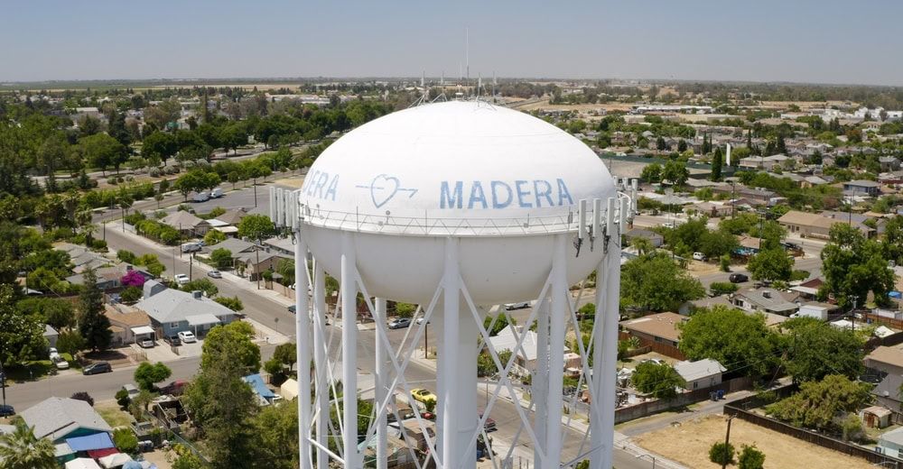 An aerial view of a water tower in madera