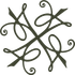 Dise&ntilde;o ornamental abstracto de color verde oliva oscuro con cuatro figuras espejadas en espiral sobre un fondo blanco.