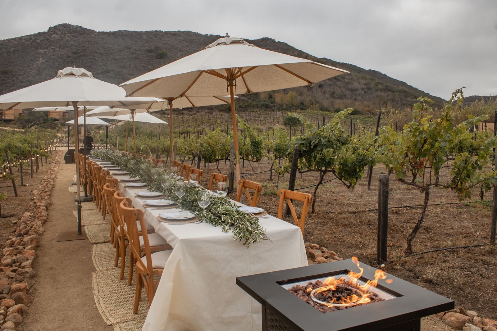 Mesa de comedor al aire libre en el viñedo con mantel blanco, sombrillas y una hoguera junto a las vides y las colinas.